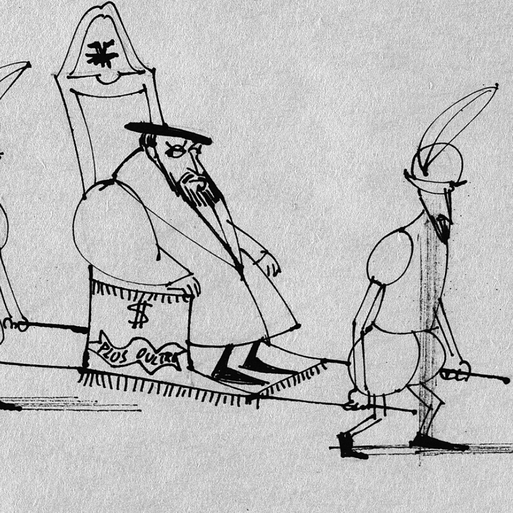 Ausschnitt einer Zeichnung mit schwarzer Tusche auf weißem Papier von Kaiser Karl V., der von zwei Dienern auf einer Sänfte getragen wird