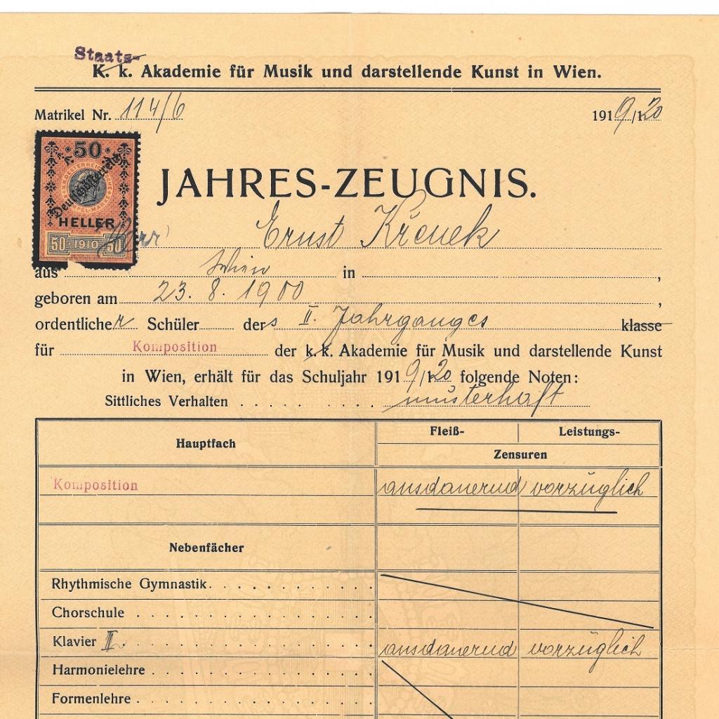 Zeugnis Ernst Krenek Musikuniversität Wien 1920