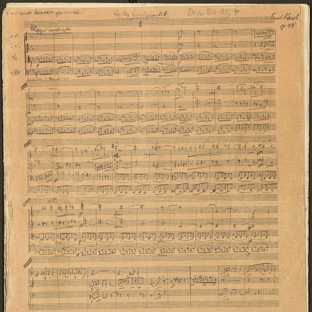 Seite 1 des Autographs des "Streichquartetts Nr. 4", op. 24 von Ernst Krenek