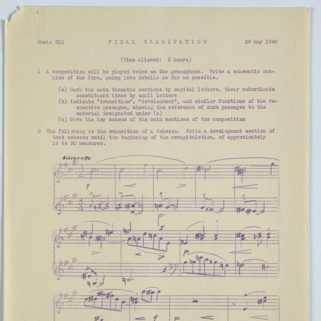 Prüfungsbogen Musiktheorie von Ernst Krenek, Vassar College, 1940