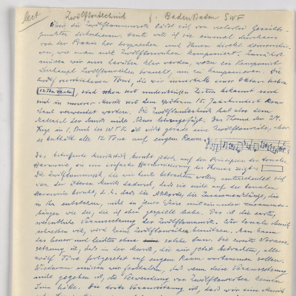 Titelseite eines Vortrags zur Zwölftontechnik für den SWF 