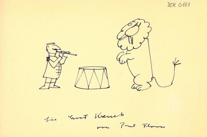 Widmung von Paul Flora an Ernst Krenek mit Zeichnung