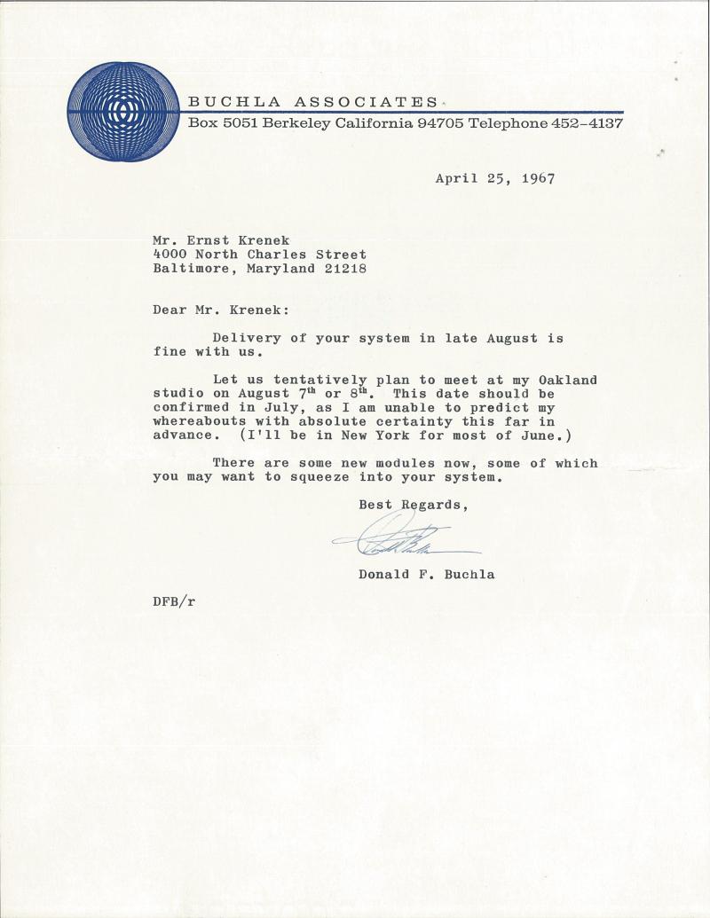 Brief von Donald Buchla an Ernst Krenek vom 25. April 1967