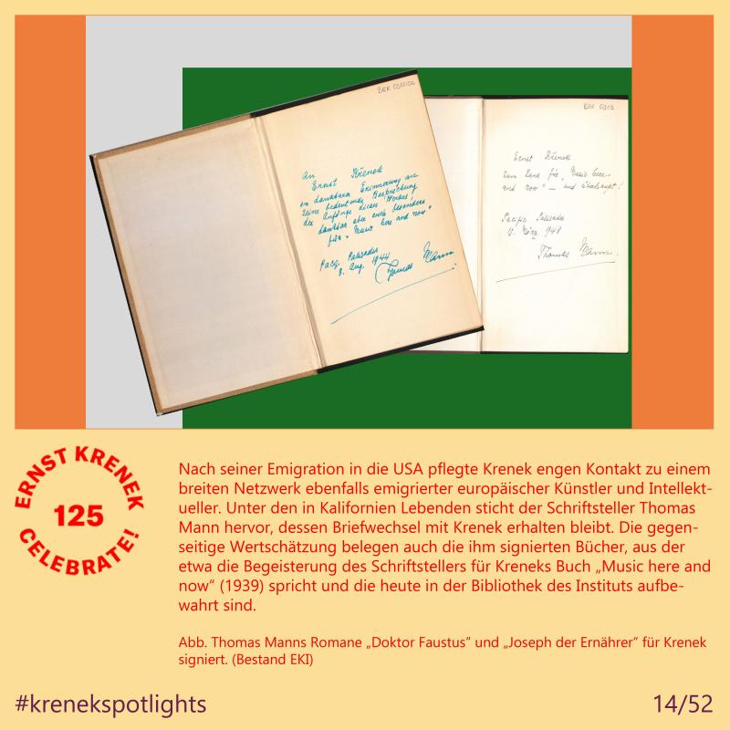 Thomas Manns Romane „Doktor Faustus“ und „Joseph der Ernährer“ für Krenek signiert